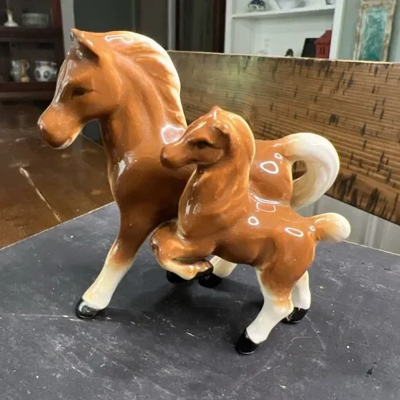 VTG Porcelain Western Mother Mare Horse & Foal FigurineSet of 2 Japan