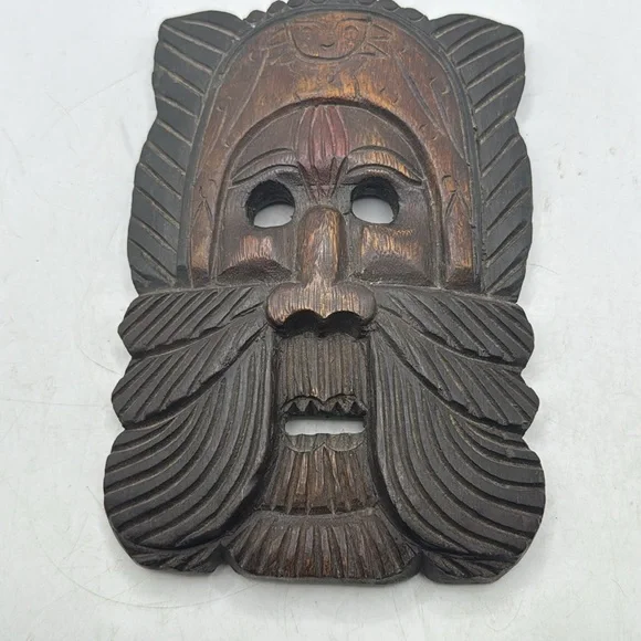 Vintage Rustic Brown Wooden Wall Mask Decor Collectible Carved African Beard God