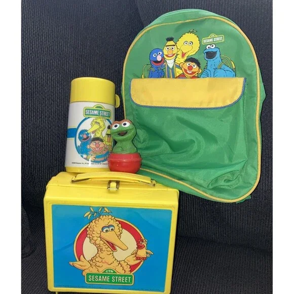 Sesame Street Vintage Lunchbox Bookbag & Oscar Toy