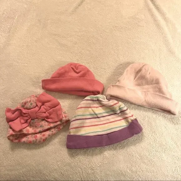 LOT of 4 Baby Girl Hats Newborn & 0-6 Months Floral w/ Bow  & Striped & Solids
