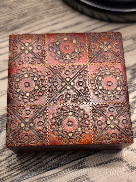 Vintage Square Hand Carved Wooden Accent Box Hinged Lid Trinket Box Brass Inlay