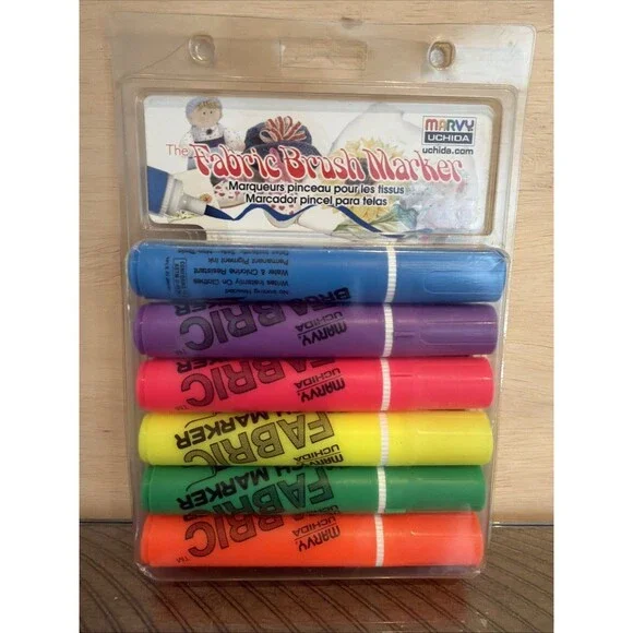 Marvy Uchida 6pc Fluorescent Brush Point Fabric Markers color NEW NIB