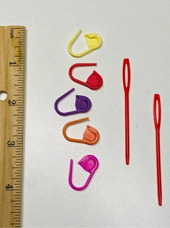 5 for $10: 5 Colorful Stitch Markers and 2 Plastic Sewing Needles Bright Colors