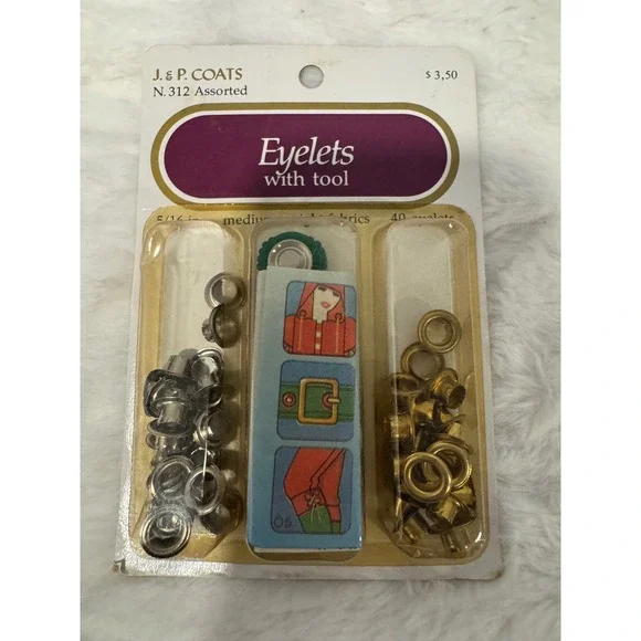 Vintage J & P Coats N. 312 Assorted Eyelets with Tool 5/16 Inch 40 Count Kit