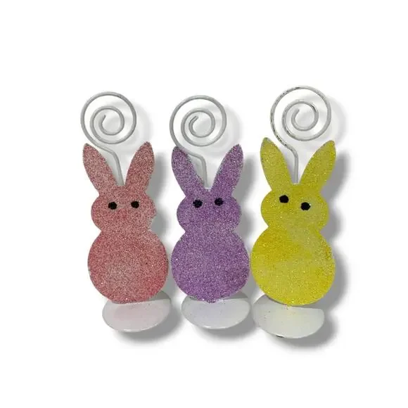 Glitter Bunny Place Card Photo Holder Box of 3 New Pink Purple Yellow 4.5