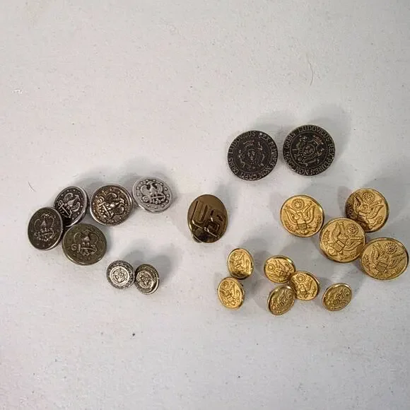 Lot of Vintage Military Style Metal Buttons Gold Tone Eagle Crest Shank Buttons