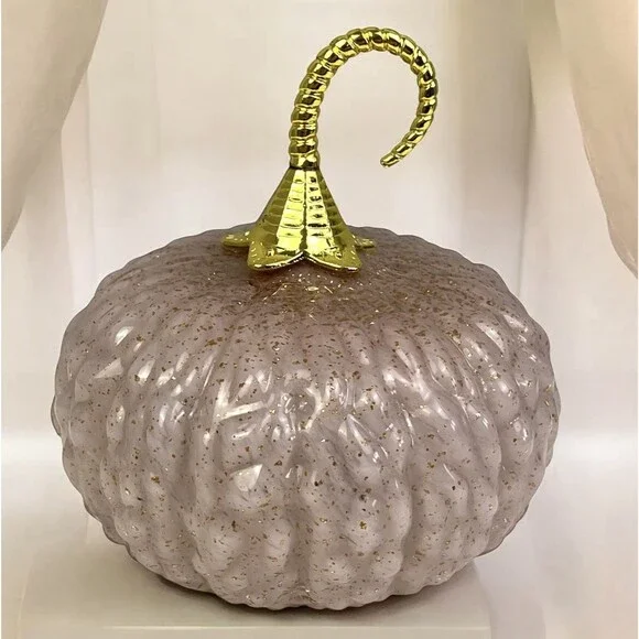 Cupcakes And Cashmere Hand Blown Glass Pumpkin Pink Gold Flecked Metal Stem 6.5”