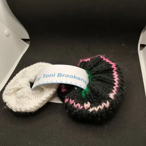 Hand Crafted Knit Scrunchies Black White Jumbo Hair Band Set of 2