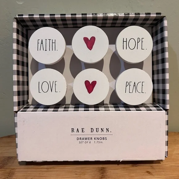 Rae Dunn Set of 6 White Round Drawer Knobs With Red Heart Accents