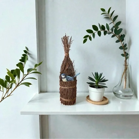 Woven Twig Bird Nest Tall Wall Hanging Standing Basket Rustic Cottagecore Decor