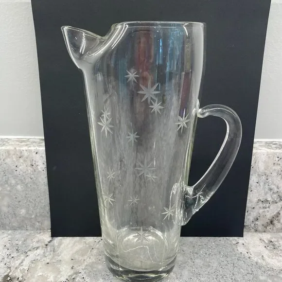 Vintage Mid Century Glass Pitcher Etched Starburst Atomic Snowflake Cocktail Jug