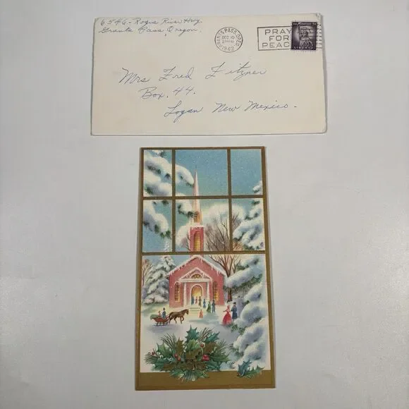 Vintage Glitter Christmas Card Church Famous Artists Studios w/ Letter Envelope