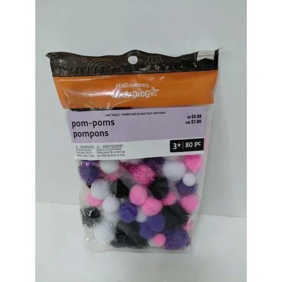 Halloween Creatology Pom-Poms 80 Piece Craft Basics Purple Pink White Black NIP