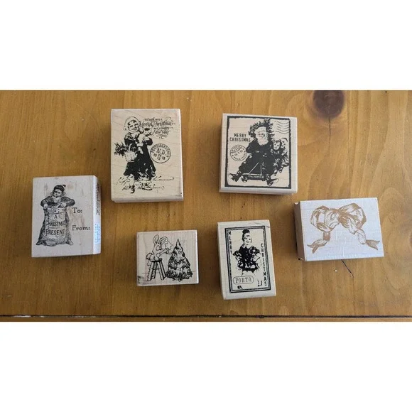 Vintage Christmas Wood Mounted Rubber Stamps Lot Santa Bow Victorian 6pc‎