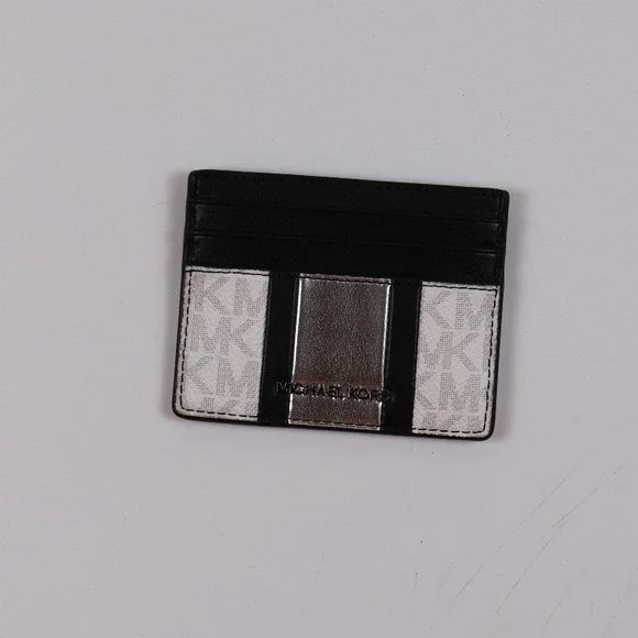Michael Kors Card Holder Wallet Greyson Logo Black White Leather NWT
