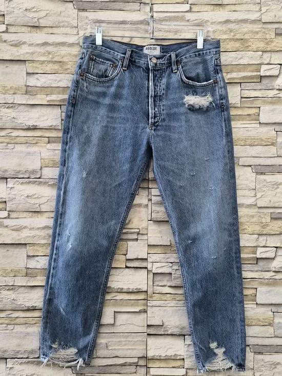 AGOLDE Jamie High Rise Jeans Women's  29 Blue Distressed Button Fly Rigid Denim