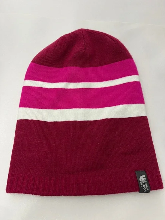 The North Face Kids Striped Knit Beanie - Fuchsia, Burgundy & White OS