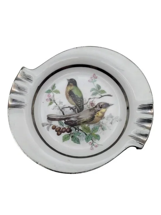 Norleans Porcelain Ashtray With Bird Motif & Silver Trim Japan Vintage MCM