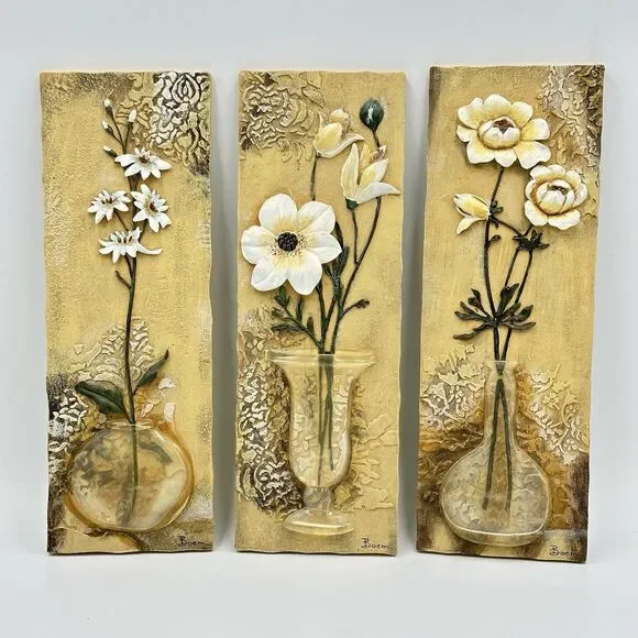 Boem Flowers Tile in Vase 3D Wall‎ Hangings Bas-relief Set of 3 Vintage Signed