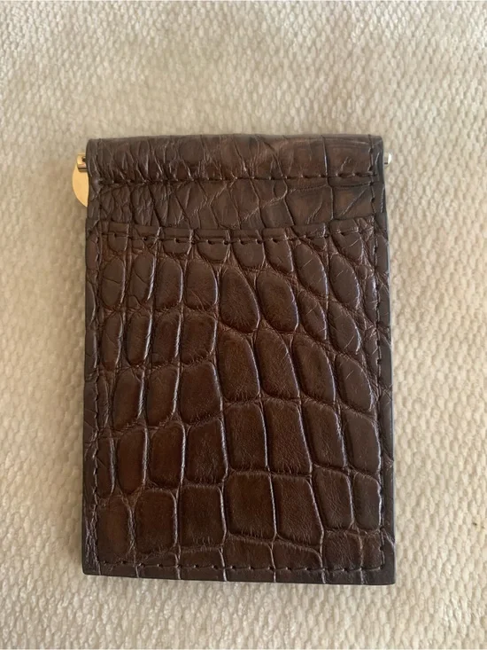 Made in USA Brown Genuine Matte Alligator Leather Brass Clip Wallet Card Case
