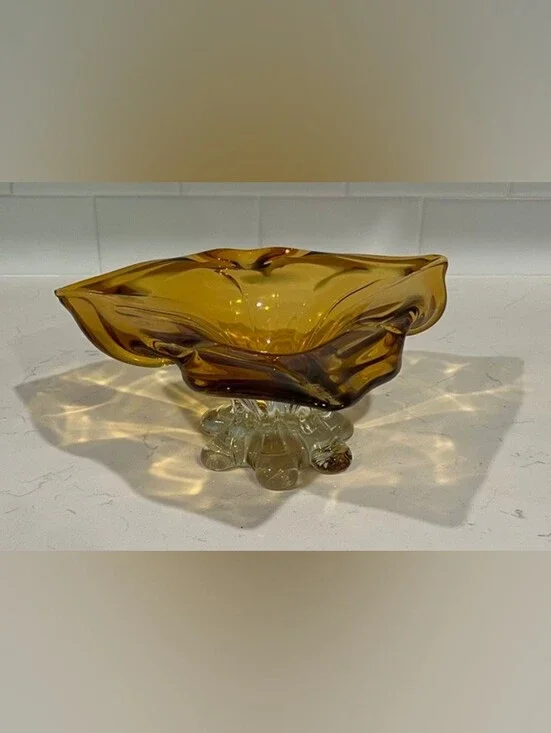 Amber Yellow Murano Type Mid Century Modernistic 1960s Footed Centerpiece Bowl