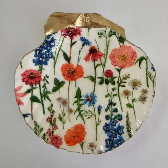 Colorful Wildflower Seashell Trinket Dish Garden Decor