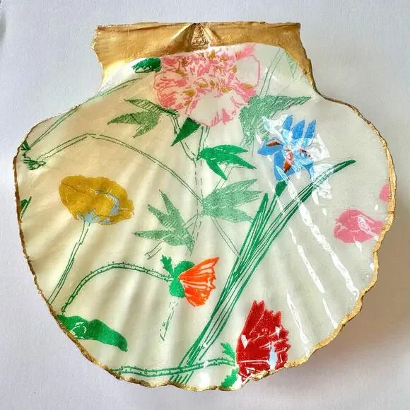 Vintage Floral Seashell Trinket Dish Coastal Decor