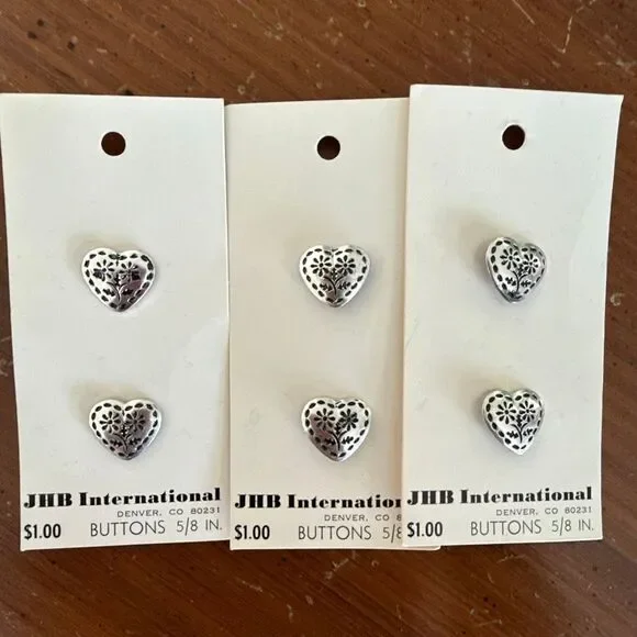 Vintage JHB International Floral Heart Buttons New on Card Set of 2 5/8”