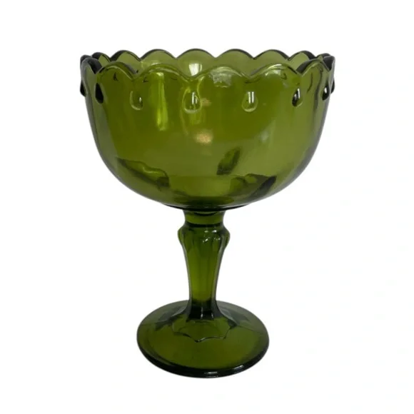 Vintage Pedestal Olive Green Indiana Glass Compote Candy Dish Bowl 7.5” X 5.5”