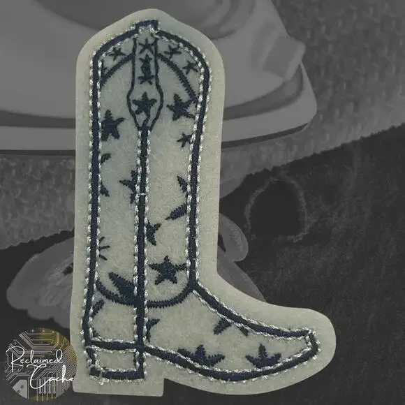 Cowboy Boot in White and Blue Iron On Patch