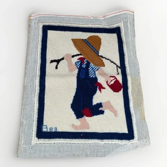 Vintage Completed Needlepoint Canvas Boy With Hat Gone Fishing 11.5