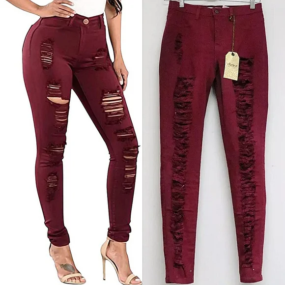 ☆Vibrant Miu Burgundy Red Extreme Distressed Skinny Jeans☆