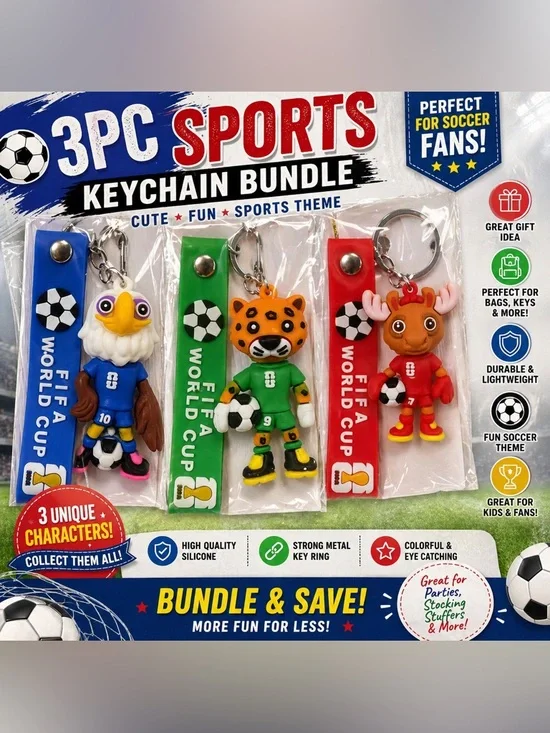 3pc Soccer Animal Keychain Bundle FIFA World Cup Style Cute Sports Charms