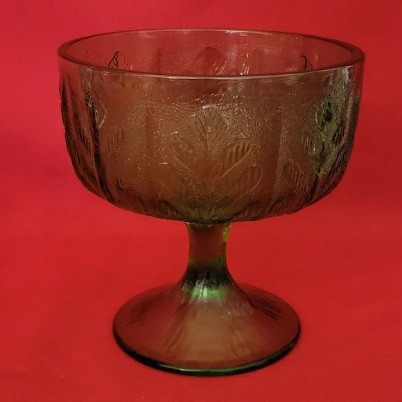 VTG FTD 1978 Green Glass Avocado Oak Leaf Pedestal Depression Bowl Dish