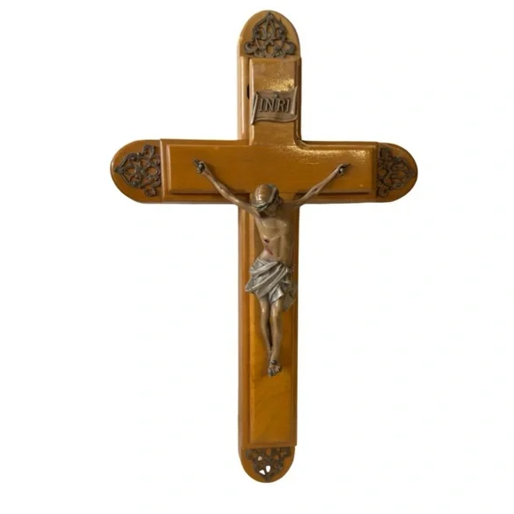 Vintage Last Rites Sick Call Ornate Wood Crucifix Kit