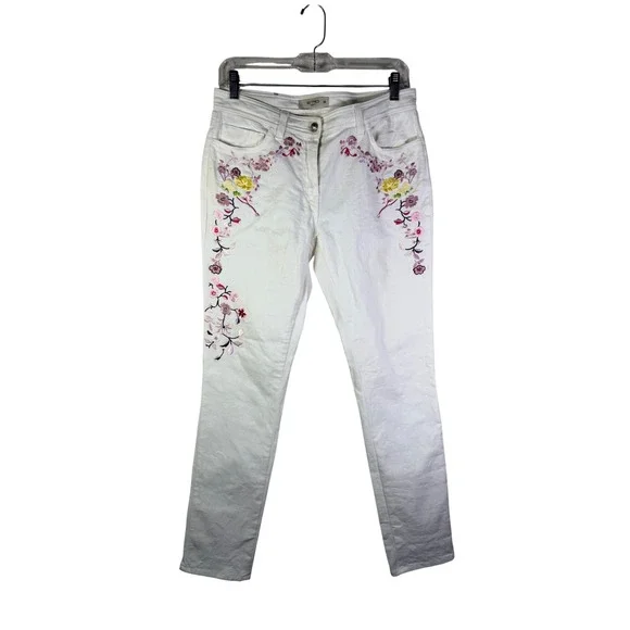 Etro Milano White Floral Embroidered Slim Straight Leg Jeans Made in Italy 30