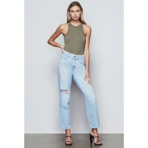 Good American High Rise Light Wash Factory Distressed Women's Blue Jeans…