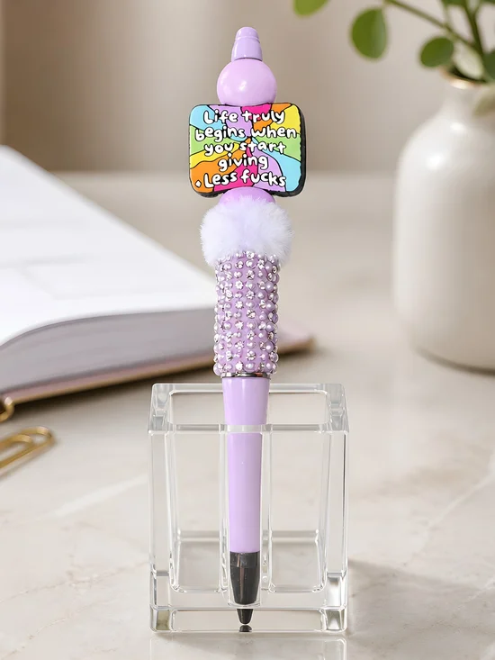 Handcrafted Lavender Pom Pom Rhinestone Pen with Rainbow Quote Charm