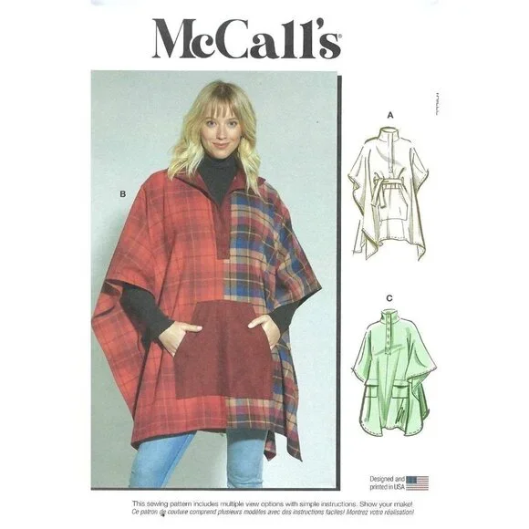 McCalls Sewing Pattern 11614 Poncho Pullover Cape Coat Tie Belt Pockets Sz XS-ME