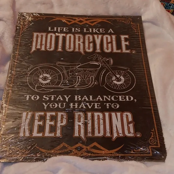 Motorcycle Metal Sign in black, white & orange 16
