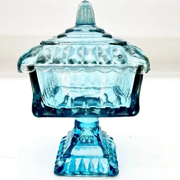 Jeannette Home Candy Dish 4x6 Glass Mid-Century Aqua Blue Lidded Footed