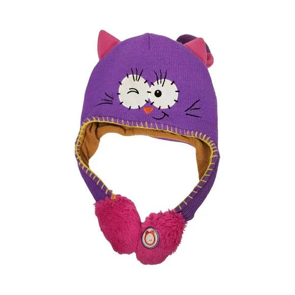 Flipeez Purple Cat Earmuff‎ Hat with Pink Pompoms Winking Face
