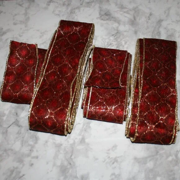 RIBBON #1428 - Wide Red Diamond Gold Metallic Velvet - 2 1/2 x 14+ yds 3 pieces