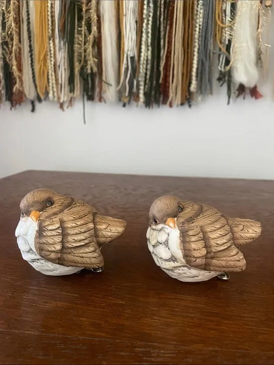 Pair of Decorative Ceramic Bird Figurine clips  - Brown & White- new