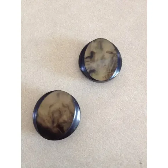Pair Vintage Mid Century Art Deco Black Marbled Plastic Shank Buttons 2.25cm