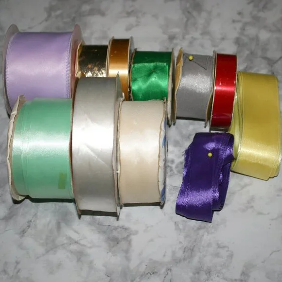 RIBBON #1445 - Satin Fabric Bundle Lot Solid Colors - 11 Various Width