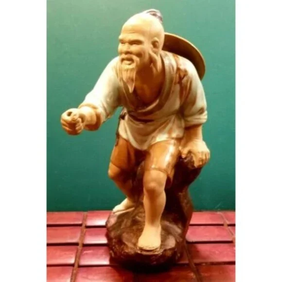 Vintage Chinese Mudman Fisherman Clay Figurine Sitting On Rock No Pole Excellent