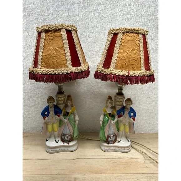 Vtg Porcelain Victorian Couple Night Stand Lamps Set Of 2 Original Shades Japan