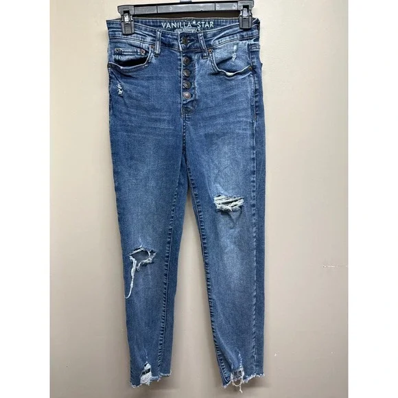 Vanilla Star Slim‎ Straight High Rise Distressed Button Fly Jeans Blue Size 5