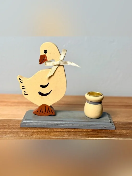 Vintage Wooden Goose Candle Holder, Taiwan Folk Art Goose Decor